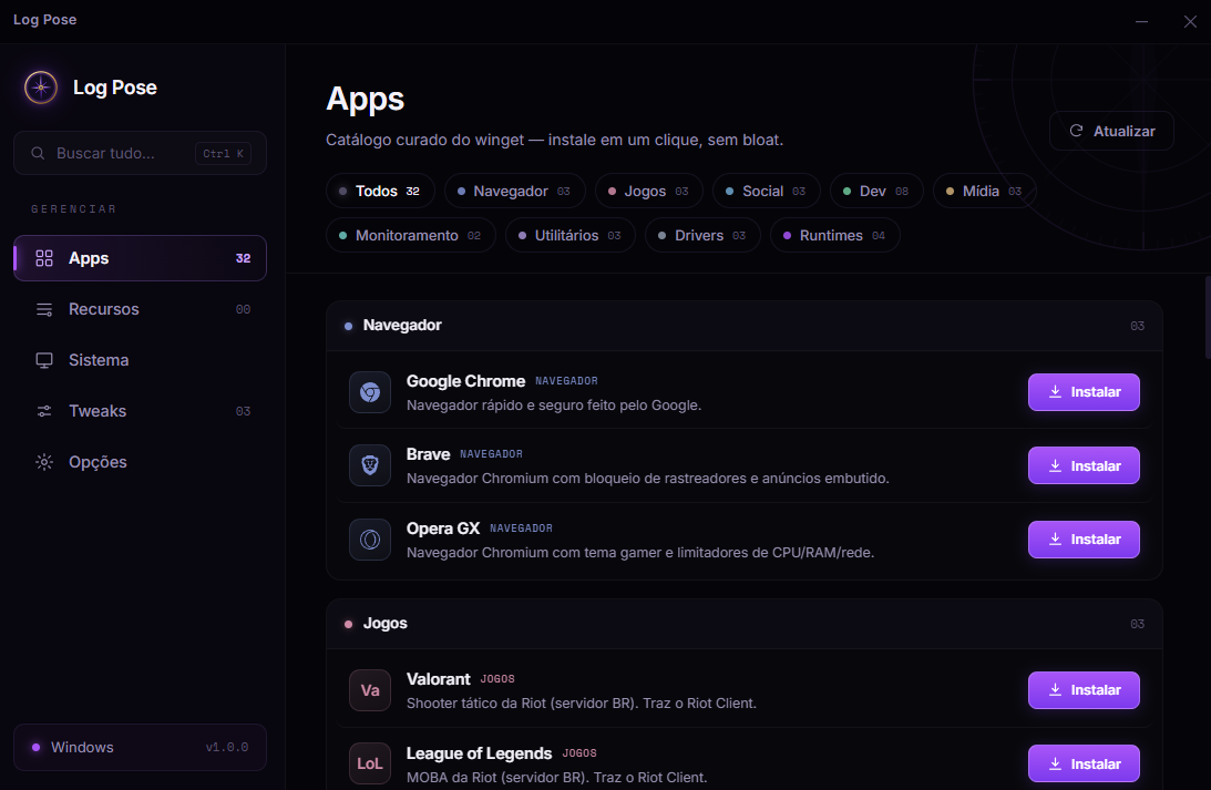 Interface do Log Pose mostrando o catálogo de apps por categorias
